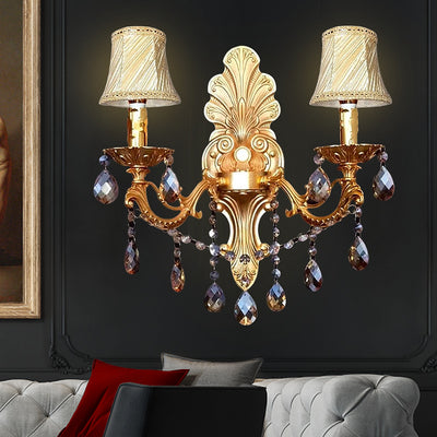 Traditional European Crystal Zinc Alloy Fabric Candle 1/2 Light Wall Sconce Lamp For Hallway