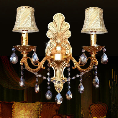 Traditional European Crystal Zinc Alloy Fabric Candle 1/2 Light Wall Sconce Lamp For Hallway