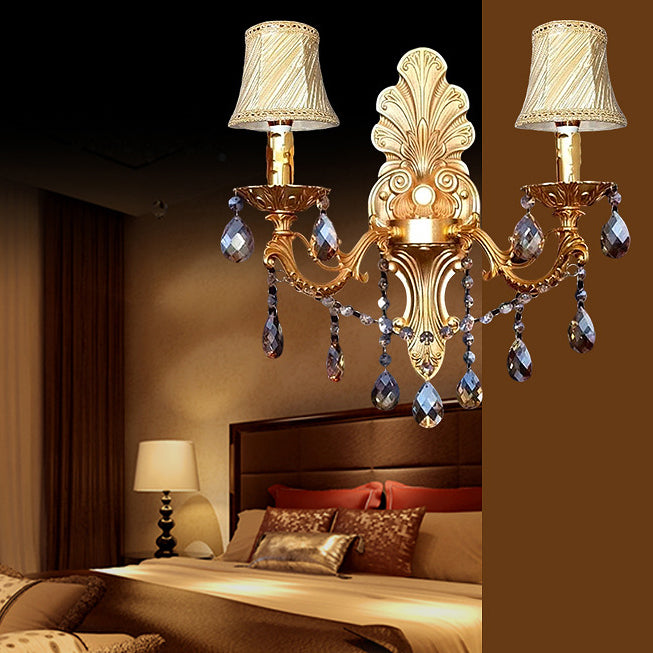 Traditional European Crystal Zinc Alloy Fabric Candle 1/2 Light Wall Sconce Lamp For Hallway