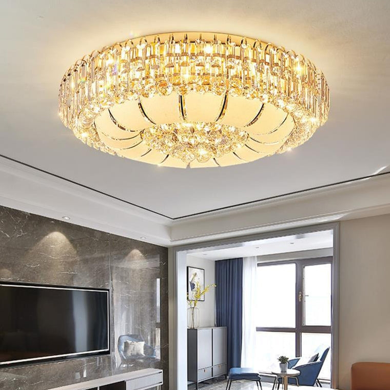 Modern Luxury Crystal Glass Metal Round Diamond 12/18/24/37 Light Flush Mount Ceiling Light For Living Room