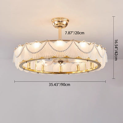 Traditional French Metal Glass ABS Round Pearl Feather Shell 6/12/16 Light Semi-Flush Mount Ceiling Fan Light For Living Room