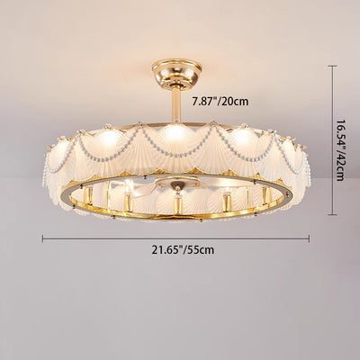 Traditional French Metal Glass ABS Round Pearl Feather Shell 6/12/16 Light Semi-Flush Mount Ceiling Fan Light For Living Room