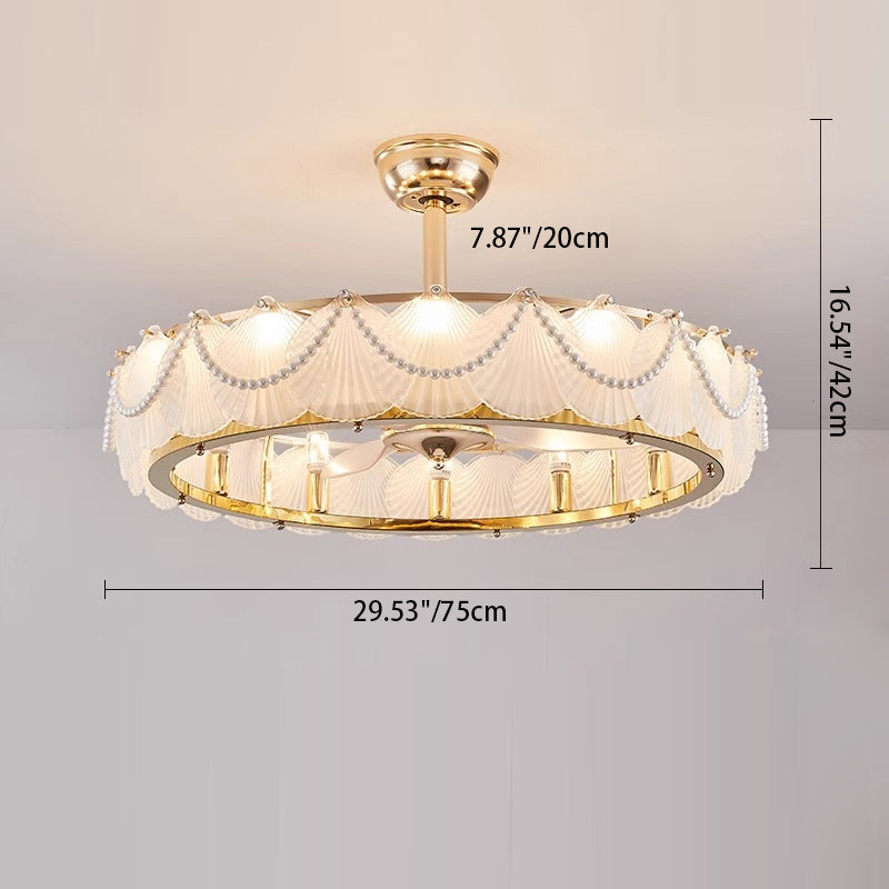 Traditional French Metal Glass ABS Round Pearl Feather Shell 6/12/16 Light Semi-Flush Mount Ceiling Fan Light For Living Room