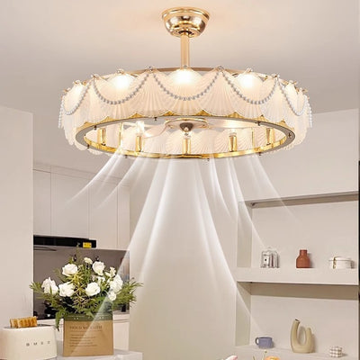 Traditional French Metal Glass ABS Round Pearl Feather Shell 6/12/16 Light Semi-Flush Mount Ceiling Fan Light For Living Room