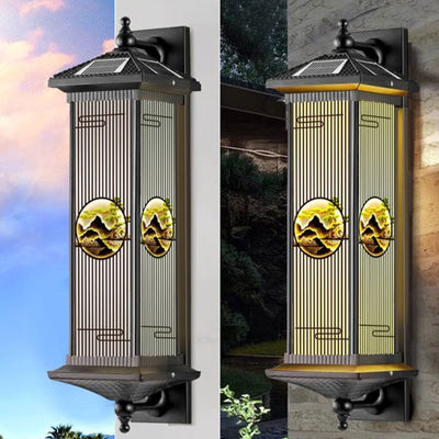 Traditional Chinese Solar Waterproof Aluminum Glass Landscape Cylinder LED Wall Sconce Lamp For Outdoor Patio