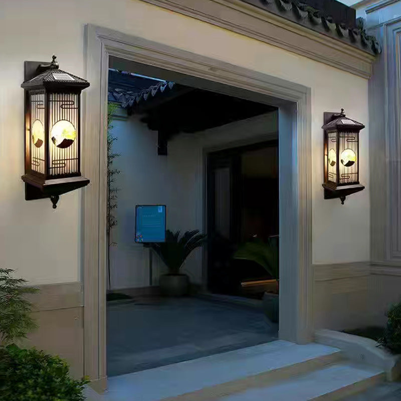 Traditional Chinese Solar Waterproof Aluminum Glass Landscape Cylinder LED Wall Sconce Lamp For Outdoor Patio