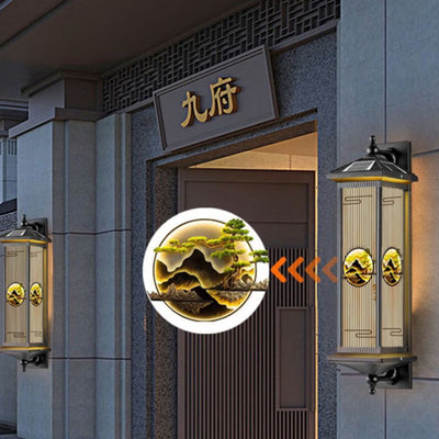 Traditional Chinese Solar Waterproof Aluminum Glass Landscape Cylinder LED Wall Sconce Lamp For Outdoor Patio