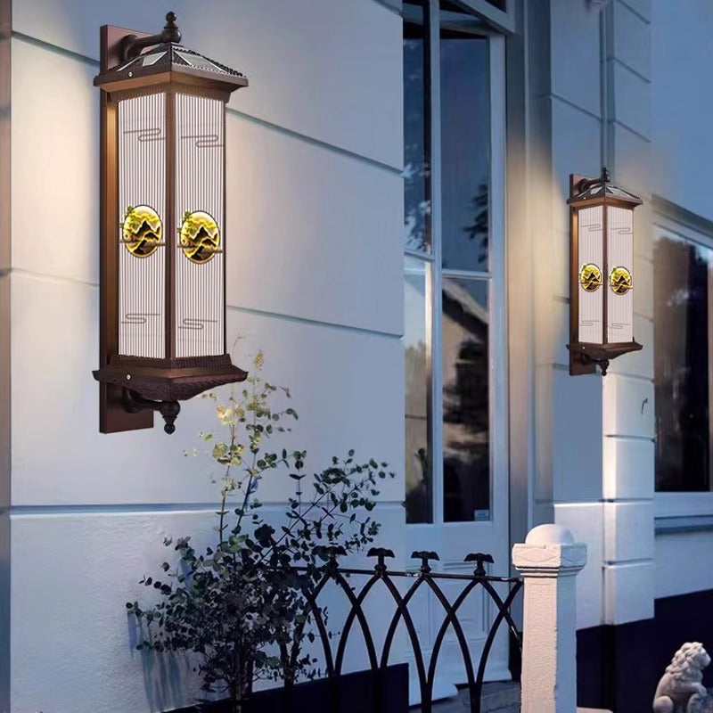 Traditional Chinese Solar Waterproof Aluminum Glass Landscape Cylinder LED Wall Sconce Lamp For Outdoor Patio