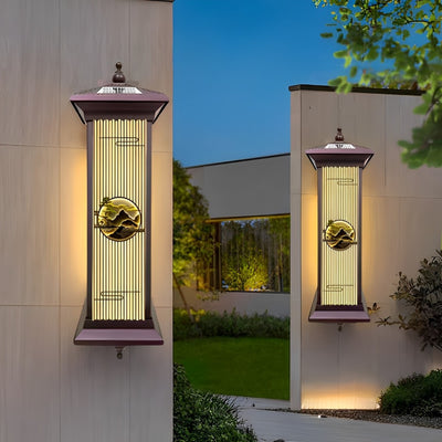 Traditional Chinese Solar Waterproof Aluminum Glass Landscape Cylinder LED Wall Sconce Lamp For Outdoor Patio