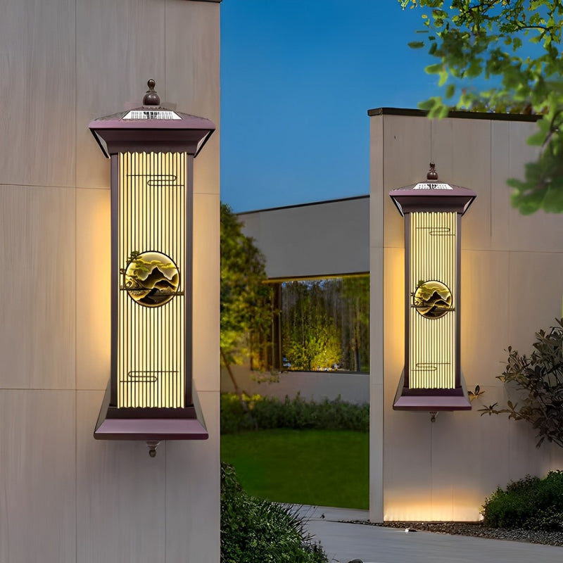 Traditional Chinese Solar Waterproof Aluminum Glass Landscape Cylinder LED Wall Sconce Lamp For Outdoor Patio