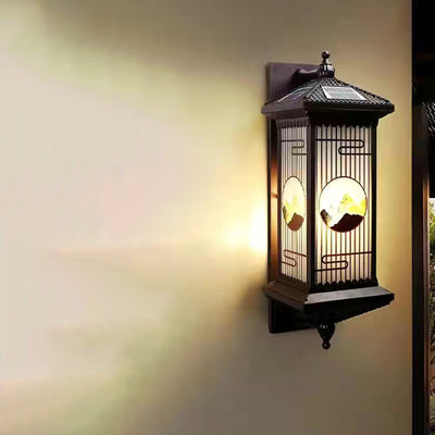 Traditional Chinese Solar Waterproof Aluminum Glass Landscape Cylinder LED Wall Sconce Lamp For Outdoor Patio