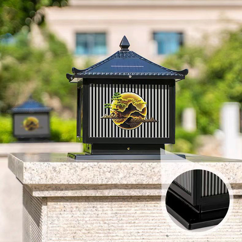 Traditional Chinese Solar Waterproof Aluminum PC Glass Pine Tree Square Cylinder LED Landscape Lighting Outdoor Light For Outdoor Patio