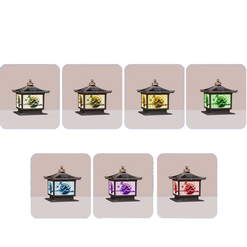 Traditional Chinese Solar Waterproof Aluminum PC Glass Pine Tree Square Cylinder LED Landscape Lighting Outdoor Light For Outdoor Patio