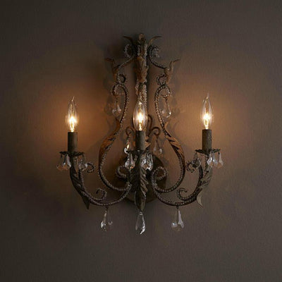 Traditional French Iron Crystal Candlestick Holder 3-Light Wall Sconce Lamp For Bedside