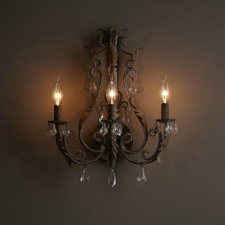 Traditional French Iron Crystal Candlestick Holder 3-Light Wall Sconce Lamp For Bedside