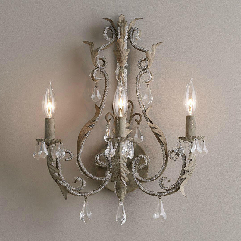 Traditional French Iron Crystal Candlestick Holder 3-Light Wall Sconce Lamp For Bedside