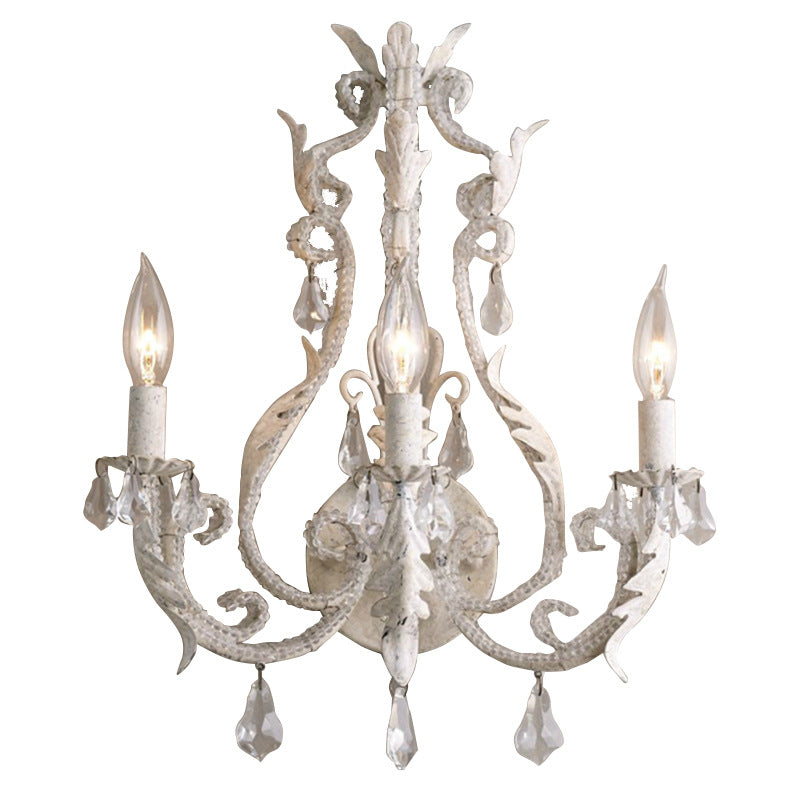 Traditional French Iron Crystal Candlestick Holder 3-Light Wall Sconce Lamp For Bedside