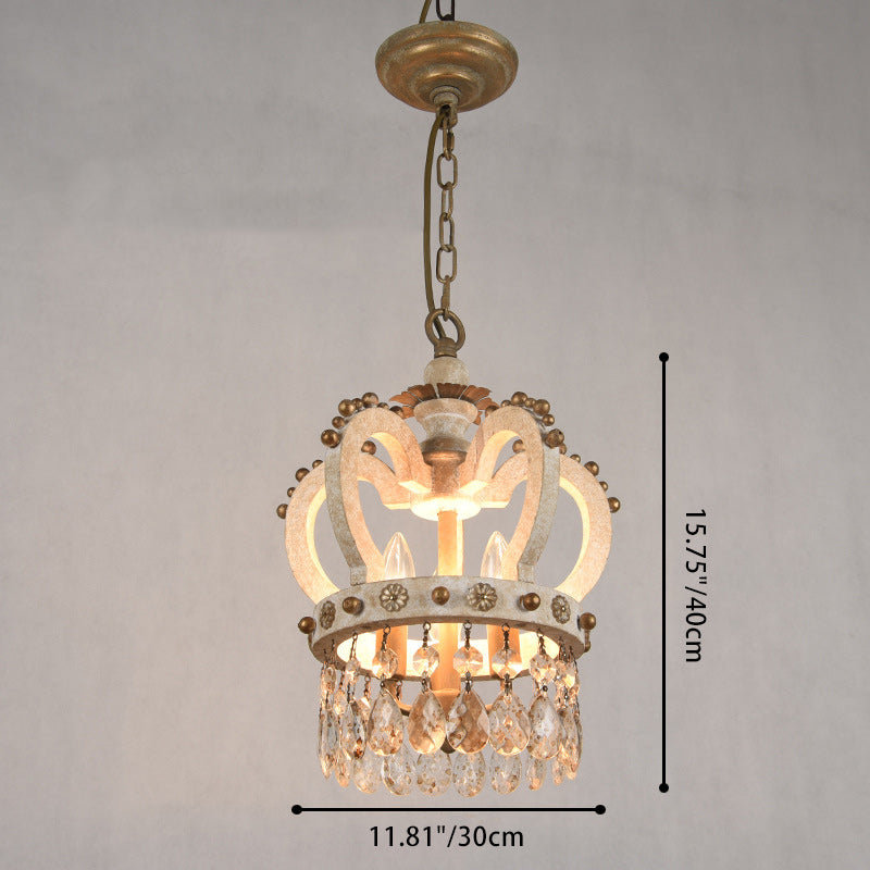 Traditional Rustic Solid Wood Iron Distressed Crown Round 3-Light Chandeliers For Bedroom