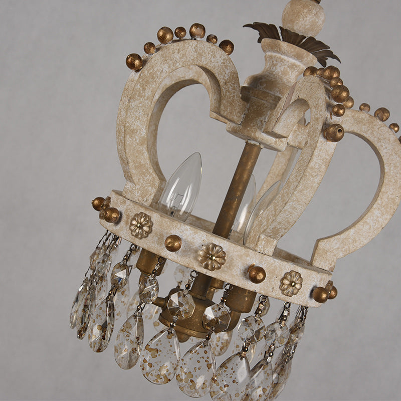 Traditional Rustic Solid Wood Iron Distressed Crown Round 3-Light Chandeliers For Bedroom