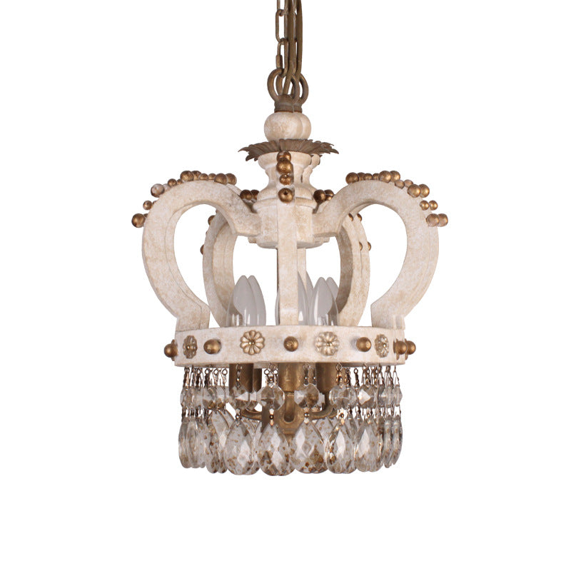 Traditional Rustic Solid Wood Iron Distressed Crown Round 3-Light Chandeliers For Bedroom