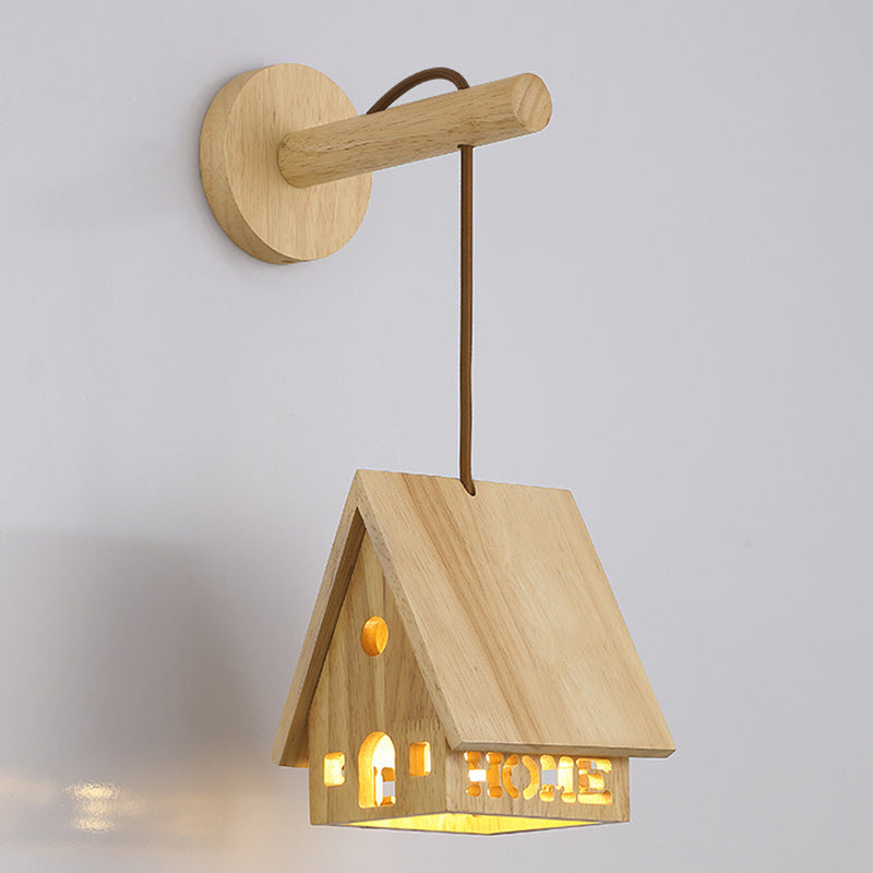 Traditional Japanese Solid Wood House Hollowed 1-Light Wall Sconce Lamp For Bedside