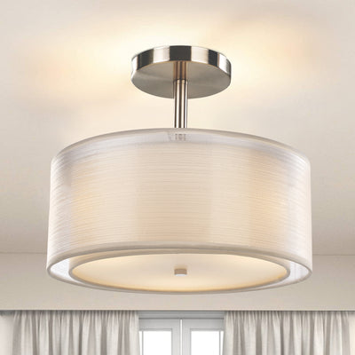 Moderne Einfachheit Runde Stoff Metall 3-Licht Semi-Flush Mount Deckenleuchte für Wohnzimmer 