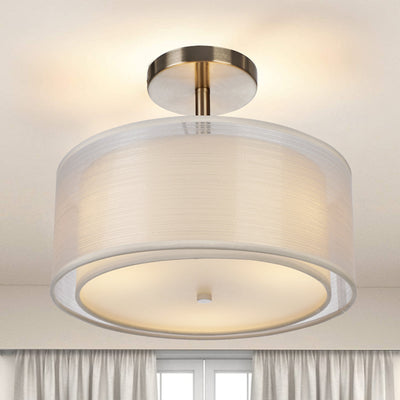 Moderne Einfachheit Runde Stoff Metall 3-Licht Semi-Flush Mount Deckenleuchte für Wohnzimmer 