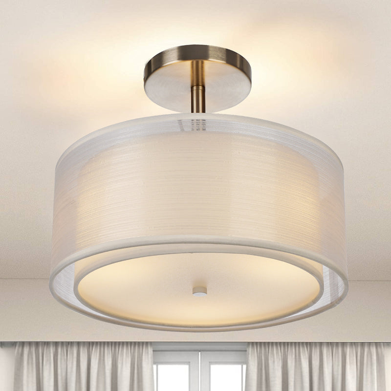 Moderne Einfachheit Runde Stoff Metall 3-Licht Semi-Flush Mount Deckenleuchte für Wohnzimmer 