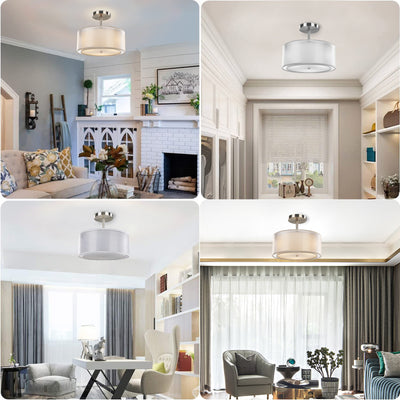 Moderne Einfachheit Runde Stoff Metall 3-Licht Semi-Flush Mount Deckenleuchte für Wohnzimmer 