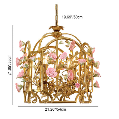 Traditional European Brass Cage Ceramic Flower Branch 4-Light Chandeliers For Dining Room