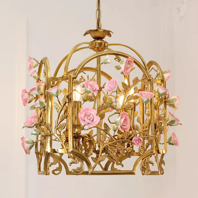 Traditional European Brass Cage Ceramic Flower Branch 4-Light Chandeliers For Dining Room