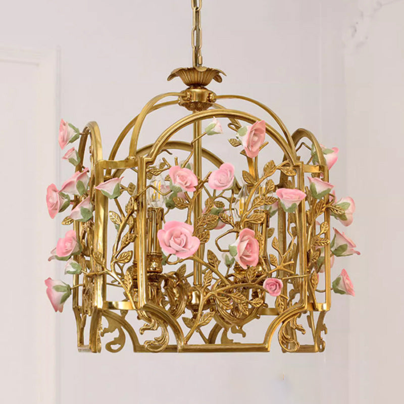 Traditional European Brass Cage Ceramic Flower Branch 4-Light Chandeliers For Dining Room