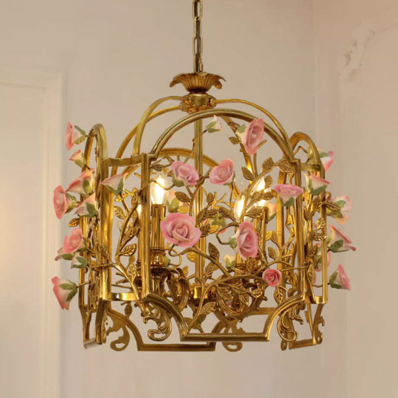 Traditional European Brass Cage Ceramic Flower Branch 4-Light Chandeliers For Dining Room