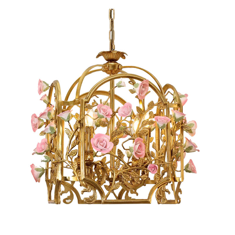 Traditional European Brass Cage Ceramic Flower Branch 4-Light Chandeliers For Dining Room