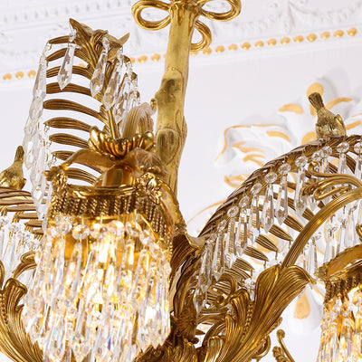 Traditional Luxury Brass Crystal Hand-Carved Palm Tree 6/8 Light Chandeliers For Living Room