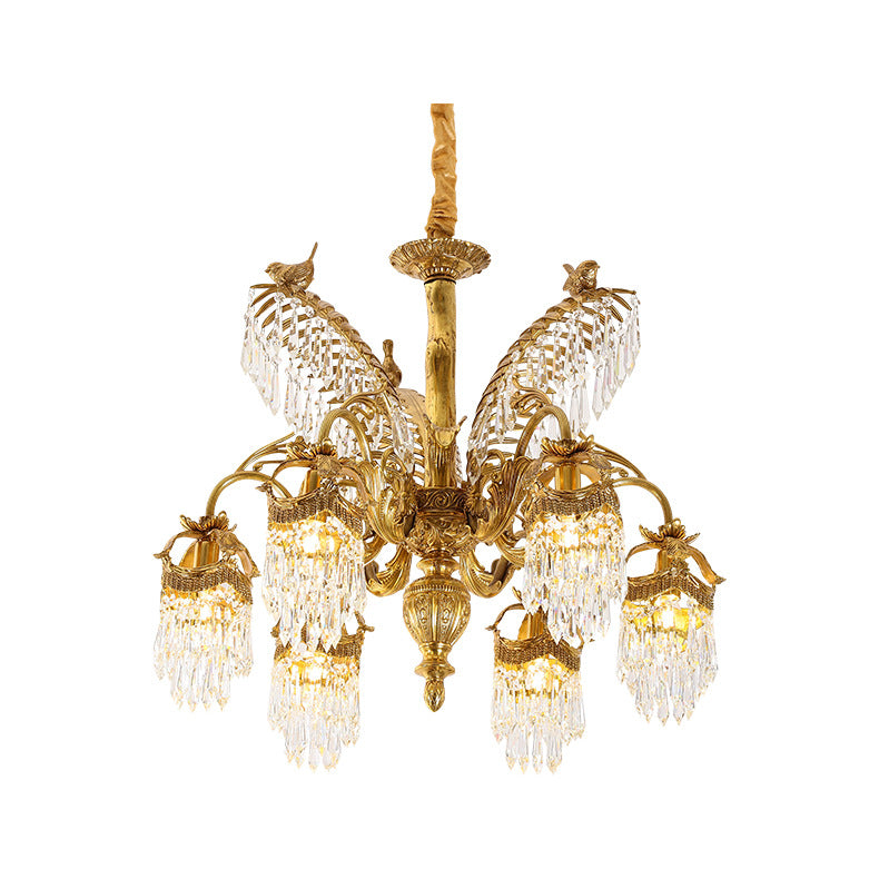 Traditional Luxury Brass Crystal Hand-Carved Palm Tree 6/8 Light Chandeliers For Living Room