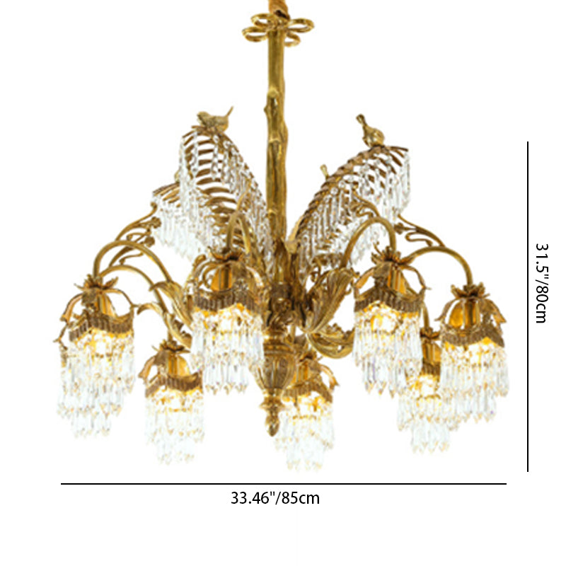 Traditional Luxury Brass Crystal Hand-Carved Palm Tree 6/8 Light Chandeliers For Living Room