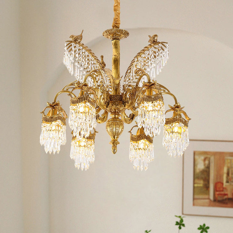 Traditional Luxury Brass Crystal Hand-Carved Palm Tree 6/8 Light Chandeliers For Living Room