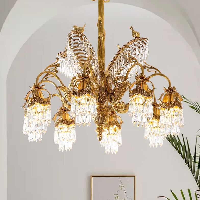 Traditional Luxury Brass Crystal Hand-Carved Palm Tree 6/8 Light Chandeliers For Living Room