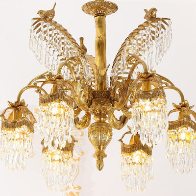 Traditional Luxury Brass Crystal Hand-Carved Palm Tree 6/8 Light Chandeliers For Living Room