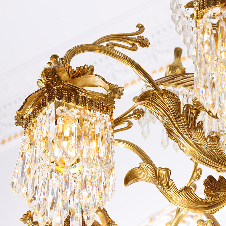 Traditional Luxury Brass Crystal Hand-Carved Palm Tree 6/8 Light Chandeliers For Living Room