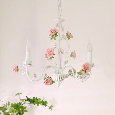 Traditional French Iron Ceramic Rose Branch Candlestick 3/6/8 Light Chandeliers For Living Room