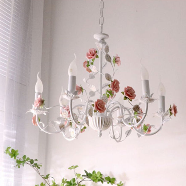 Traditional French Iron Ceramic Rose Branch Candlestick 3/6/8 Light Chandeliers For Living Room