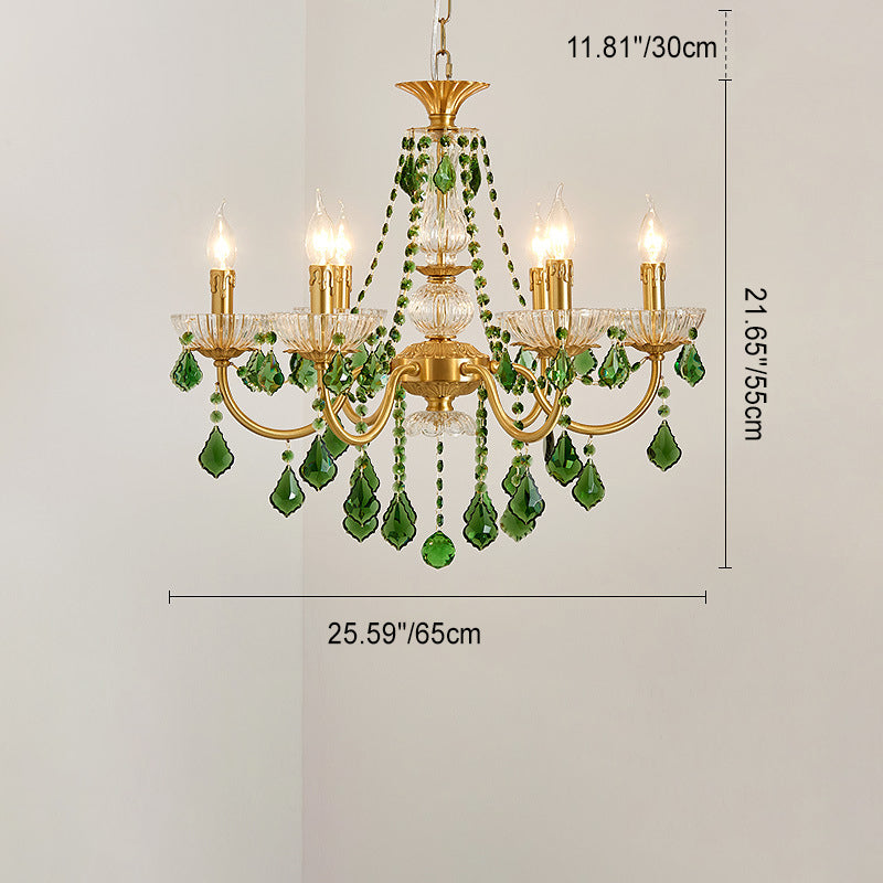 Traditional French Copper Crystal Glass Column Pendants Candlestick 3/6/8 Light Chandeliers For Living Room