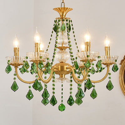 Traditional French Copper Crystal Glass Column Pendants Candlestick 3/6/8 Light Chandeliers For Living Room