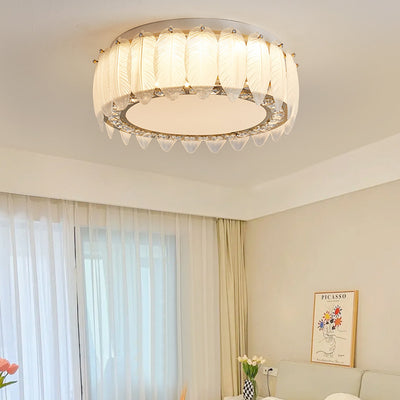 Traditional French Glass Iron Crystal Round Square Feather LED Flush Mount Ceiling Light For Bedroom