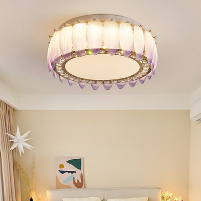 Traditional French Glass Iron Crystal Round Square Feather LED Flush Mount Ceiling Light For Bedroom