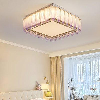 Traditional French Glass Iron Crystal Round Square Feather LED Flush Mount Ceiling Light For Bedroom