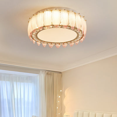 Traditional French Glass Iron Crystal Round Square Feather LED Flush Mount Ceiling Light For Bedroom