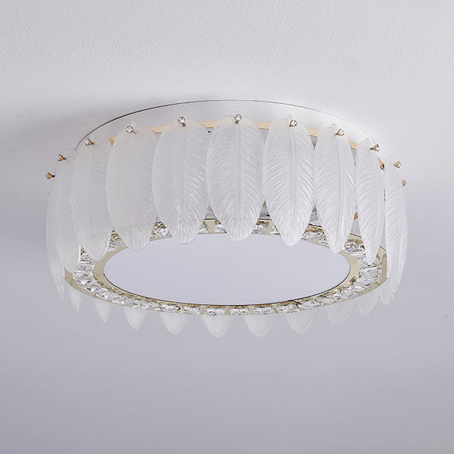 Traditional French Glass Iron Crystal Round Square Feather LED Flush Mount Ceiling Light For Bedroom